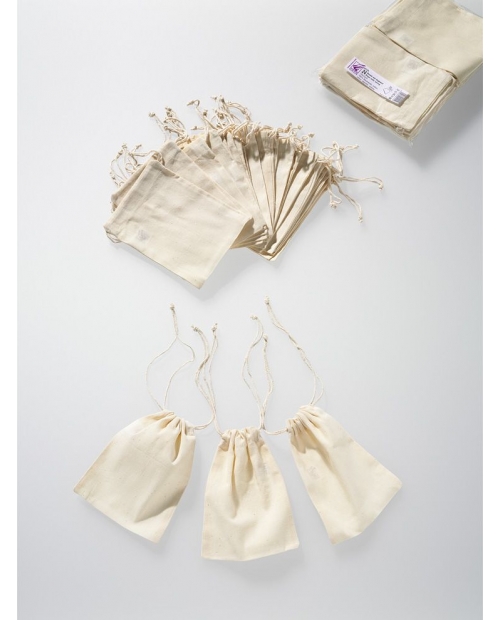 Natūralios baltos spalvos (nebalinta medvilnė) medvilniniai maišeliai 10cmx15cm su siaura virvele.